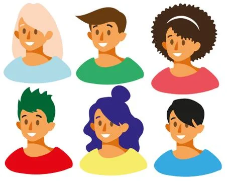 Set with the smiling faces of guys and girls. Illustrazione stock
