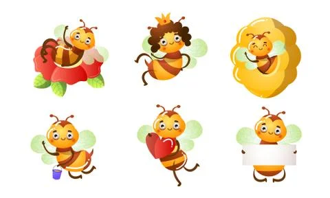 Set of smiling funny cute bees in different situations. Vector illustration in Stock Illustration