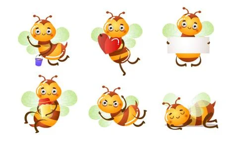 Set of smiling funny cute bees in different situations. Vector illustration in イラスト素材