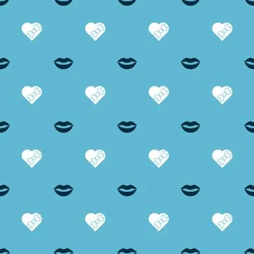 Set Smiling lips and Candy heart shaped box on seamless pattern. Vector Stock Illustration