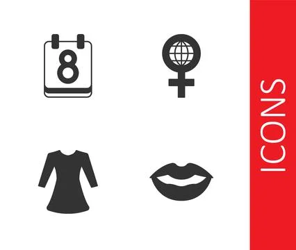 Set Smiling lips, Calendar with 8 March, Woman dress and International Wome.. Stock Illustration