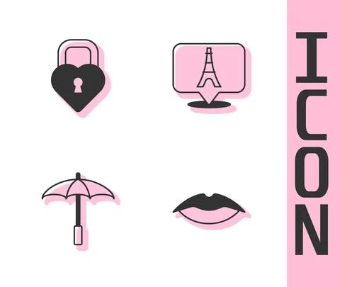 Set Smiling lips, Castle the shape of heart, Umbrella for beach and Eiffel tower Stock-Illustration