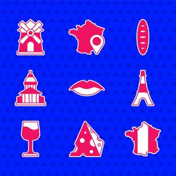 Set Smiling lips, Cheese, Map of France, Eiffel tower, Wine glass, Museum Illustrazione stock