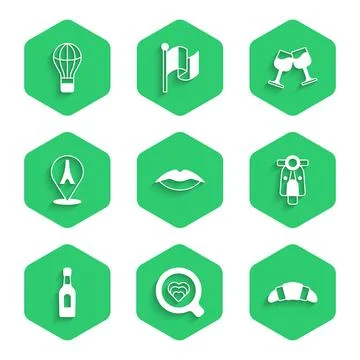 Set Smiling lips, Coffee cup, Croissant, Scooter, Champagne bottle, Eiffel tower イラスト素材