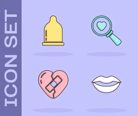 Set Smiling lips, Condom, Healed broken heart and Search and love icon. Vector Illustrazione stock