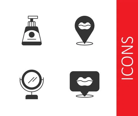 Set Smiling lips, Cream or lotion cosmetic tube, Round makeup mirror and icon Illustration
