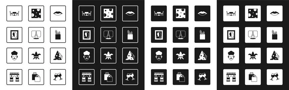 Set Smiling lips, Eiffel tower, Portrait picture museum, French cafe, baguette Stock Illustration