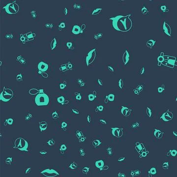 Set Smiling lips, Eiffel tower, Perfume and Scooter on seamless pattern. Vector Stock Illustration