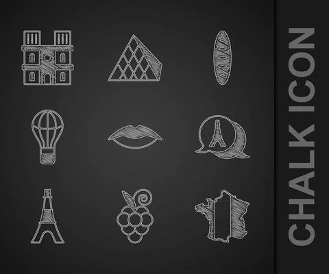 Set Smiling lips, Grape fruit, Map of France, Eiffel tower, Hot air balloon Stock-Illustration