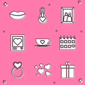 Set Smiling lips, Heart shape light bulb, Picture frame, Photo frames and h.. Stock Illustration
