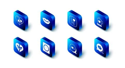 Set Smiling lips, Love text, Coffee cup and heart, Heart speech bubble, Speech I Stock-Illustration