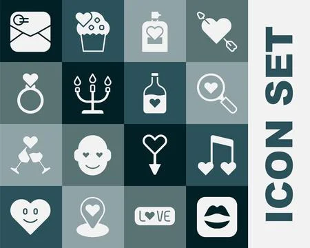 Set Smiling lips, Music note, tone with hearts, Search and love, Perfume, C.. Ilustração Stock