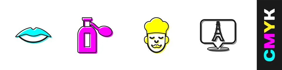 Set Smiling lips, Perfume, Cook and Eiffel tower icon. Vector Illustrazione stock
