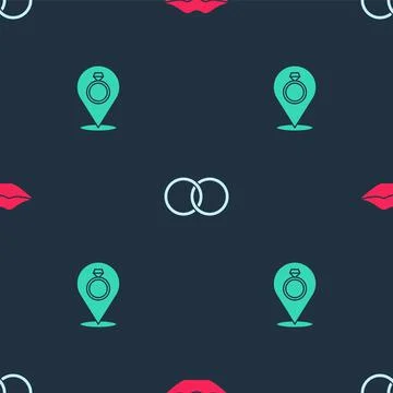 Set Smiling lips, Wedding rings and on seamless pattern. Vector Stock Illustration