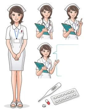 Set of smiling nurse in various poses Stock Illustration