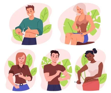 Set of smiling people making self injections in different body parts flat style 스톡 일러스트