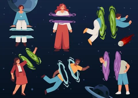 Set of smiling people using teleport or portal flat style, vector illustration Stock Illustration
