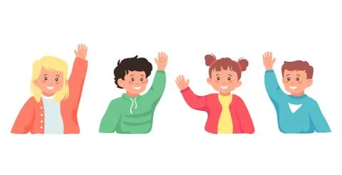 Set of smiling school pupil ask question hand up isolated on white background Stock Illustration
