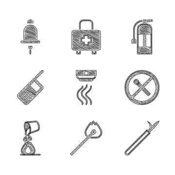Set Smoke alarm system, Burning match with fire, Metal pike pole, No, Bucket Illustrazione stock