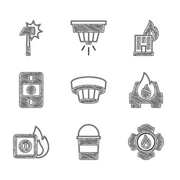 Set Smoke alarm system, Fire bucket, Firefighter, Burning car, Electric wiring Stock Illustration