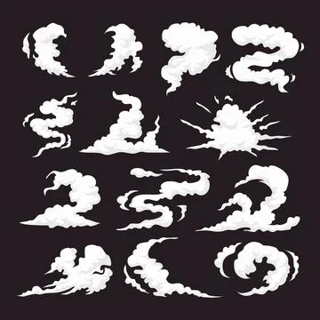 Set of smoke clouds set collection, Smoke Puffs Effect Black Screen Cartoon.. Illustrazione stock