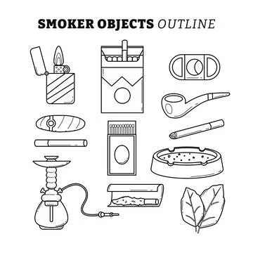Set of smoker objects outline collection with line art style, Cigarettes. L.. Stock Illustration