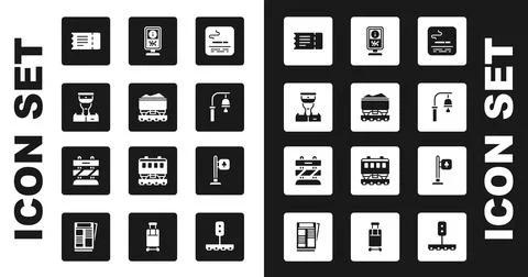 Set Smoking area, Coal train wagon, Train conductor, ticket, station bell, In Stock Illustration