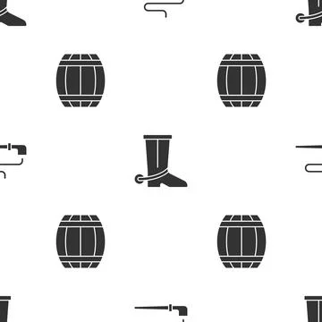 Set Smoking pipe, Cowboy boot and Gun powder barrel on seamless pattern. Vector Stock Illustration