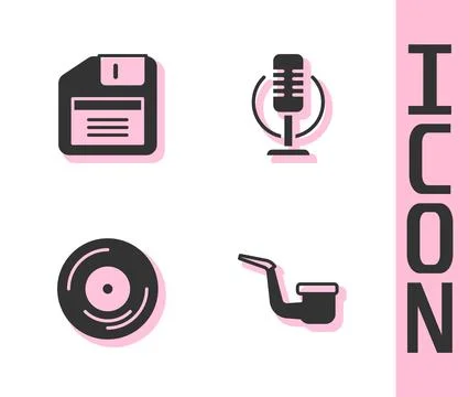 Set Smoking pipe, Floppy disk, Vinyl and Microphone icon. Vector Stock Illustration