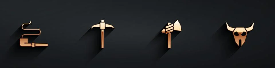 Set Smoking pipe, Pickaxe, Tomahawk and Buffalo skull icon with long shadow Stock Illustration