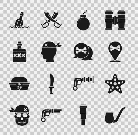Set Smoking pipe, Starfish, Location pirate, Bomb ready to explode, Pirate Stock Illustration