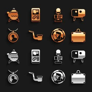 Set Smoking pipe, TV table stand, Suitcase, Ancient coin, Locket on necklace Stock Illustration