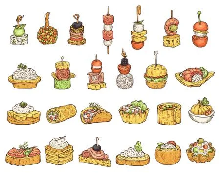 Set of snacks or appetizers cartoon icons sketch vector illustration isolated. Stock Illustration