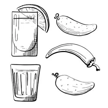 Set snacks to vodka. Two glasses of vodka. Cucumber, pepper, lemon. Stock Illustration