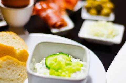 Set of snacks with white cheese and cucumber, radish, mushroom, healthy Stock Photos
