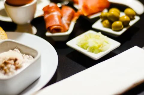 Set of snacks with white cheese and cucumber, radish, mushroom, healthy Stock Photos