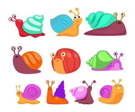 Set of Snail set collection character with shell and cartoon snailfish or s.. Illustrazione stock