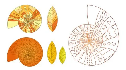 Set of snail shells and leaves 스톡 일러스트