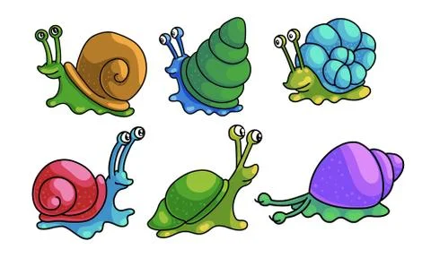 Set of snails with shells crawling vector illustration Stock Illustration