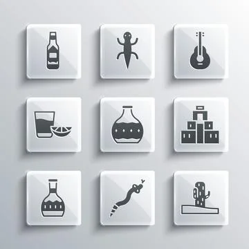 Set Snake, Cactus, Chichen Itza in Mayan, Tequila bottle, glass with lemon Stock Illustration