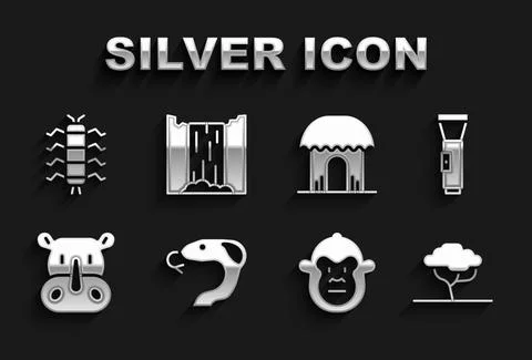 Set Snake, Flashlight, African tree, Monkey, Rhinoceros, hut, Centipede insect Illustrazione stock