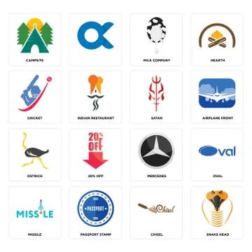 Set of snake head, chisel, missile, mercedes, ostrich, satan, cricket, milk c Free Stock Illustration