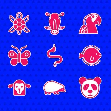 Set Snake, Hedgehog, Cute panda face, Puffer fish, Sheep head, Butterfly, Macaw Stock Illustration