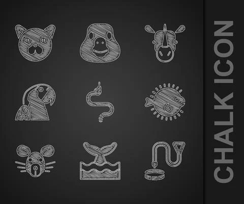 Set Snake, Whale tail in ocean wave, Collar with name tag, Puffer fish, Rat head Stock Illustration