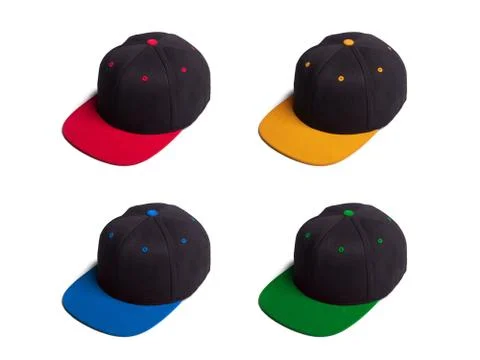 Set of snap back caps in various colors isolated Stock Photos