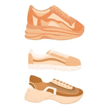 Set sneakers on white background. Abstract drawing shoes in doodle. Stock Illustration
