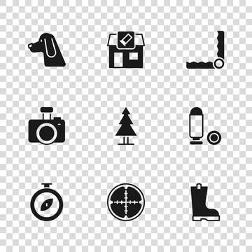 Set Sniper optical sight, Bullet, Waterproof rubber boot, Tree, Trap huntin.. Stock Illustration