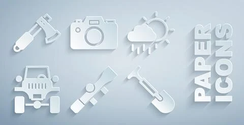 Set Sniper optical sight, Cloud with rain, Off road car, Shovel, Photo camera Illustrazione stock