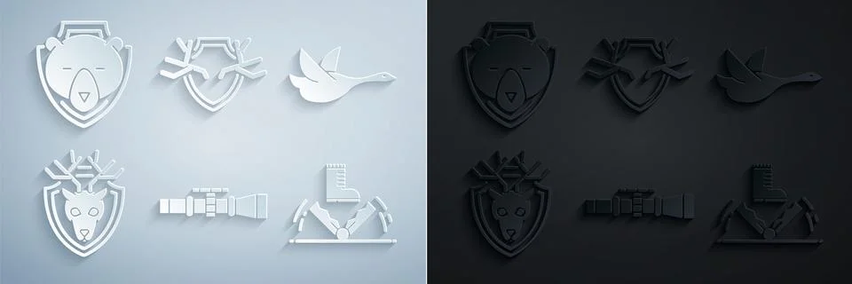 Set Sniper optical sight, Flying duck, Deer head with antlers on shield, Trap 스톡 일러스트