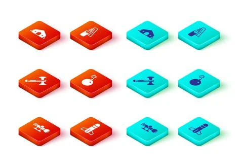 Set Sniper optical sight, Rocket, War axe, Bomb ready to explode, Cocktail Illustrazione stock